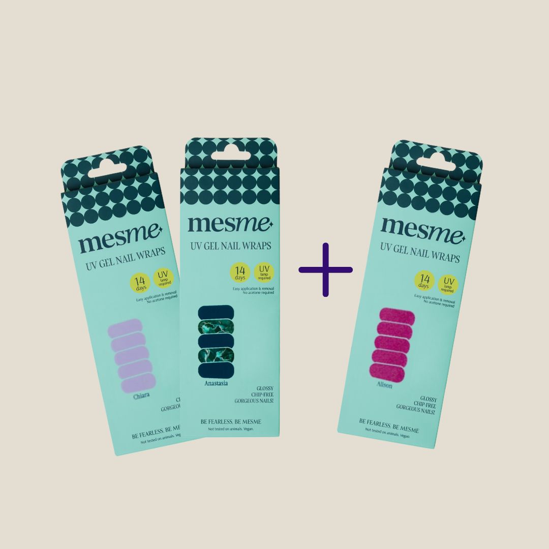Three packages of mesme UV Gel Power Nail Wraps on a beige background