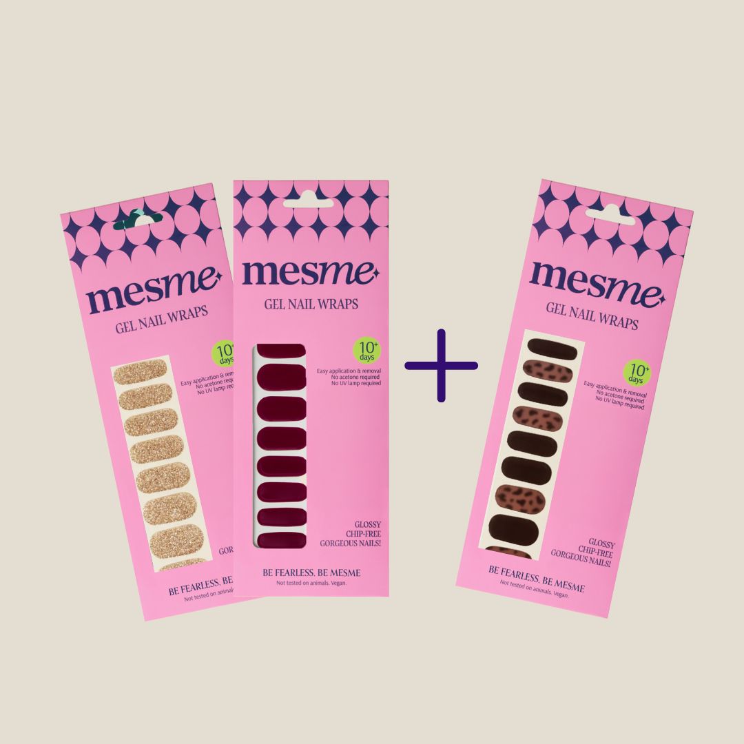 Three packages of mesme STAY gel nail wraps on a beige background showing buy two get third free