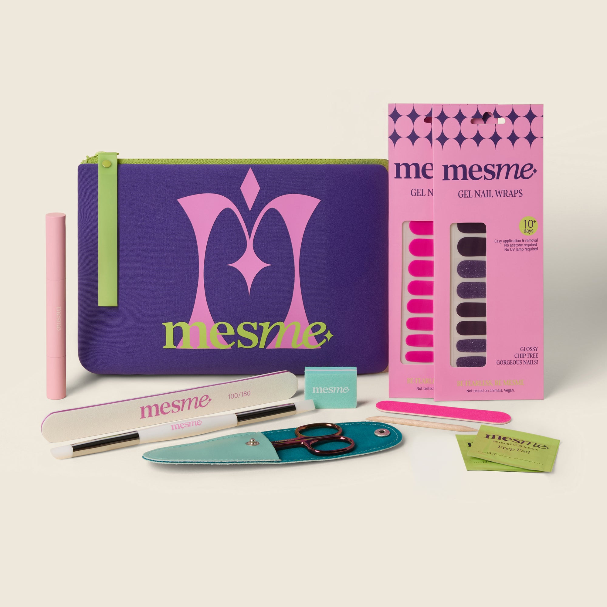 mesme Stay 10-Day Kit with purple cosmetic bag, 2 pink boxes of 10 day wraps, nail file, scissors, prep kit