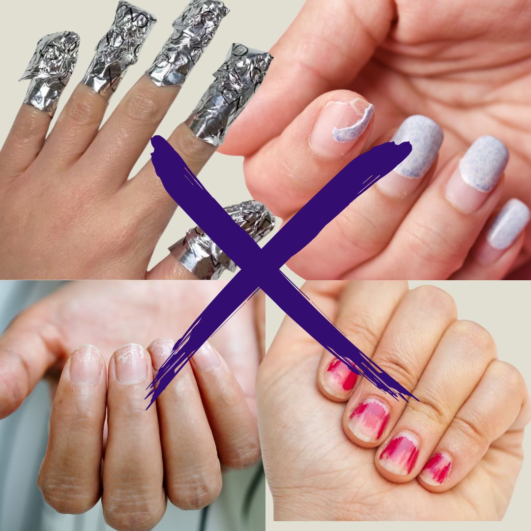 Comparison of nail care methods with a purple 'X' over one set of nails.