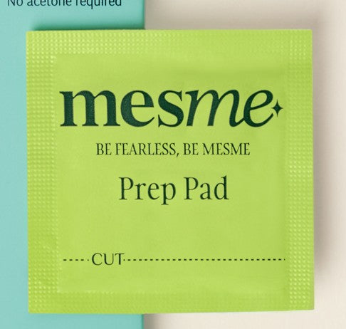 Green prep pad packaging with 'mesme' branding on a white background