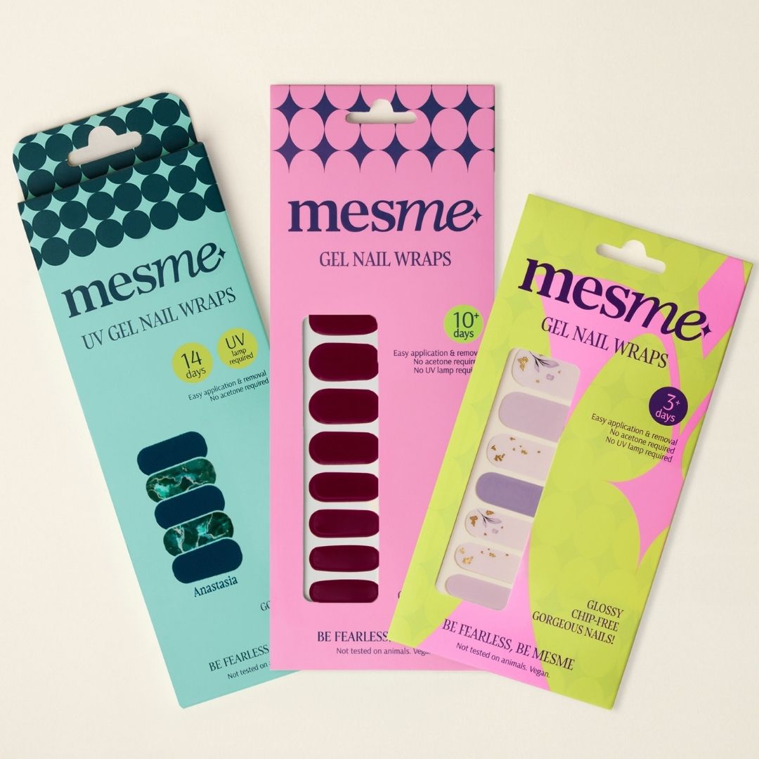 Three packages of mesme gel nail wraps on a light beige background