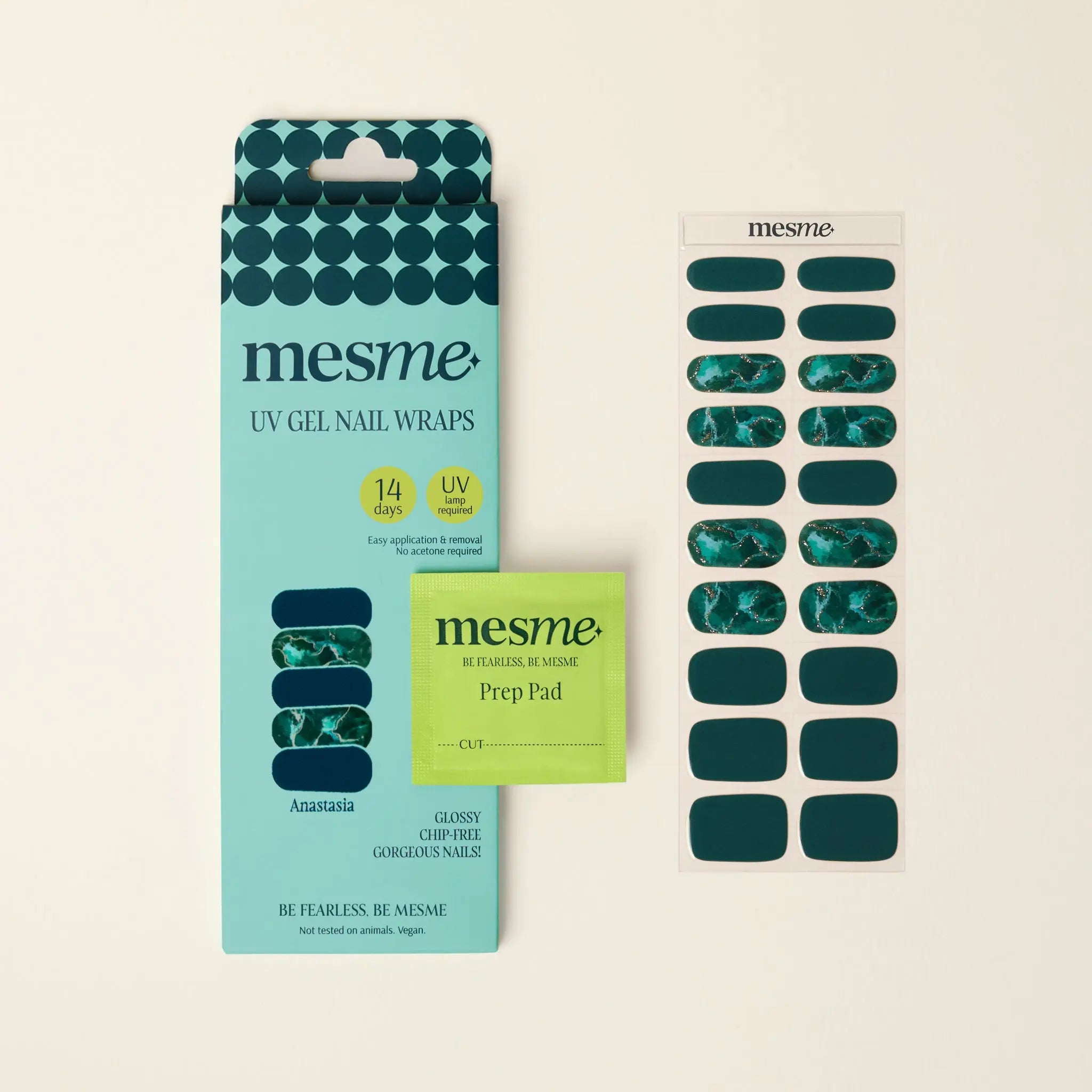mesme Anastasia Emerald Green 14-Day UV Gel Nail Wraps — Packaging