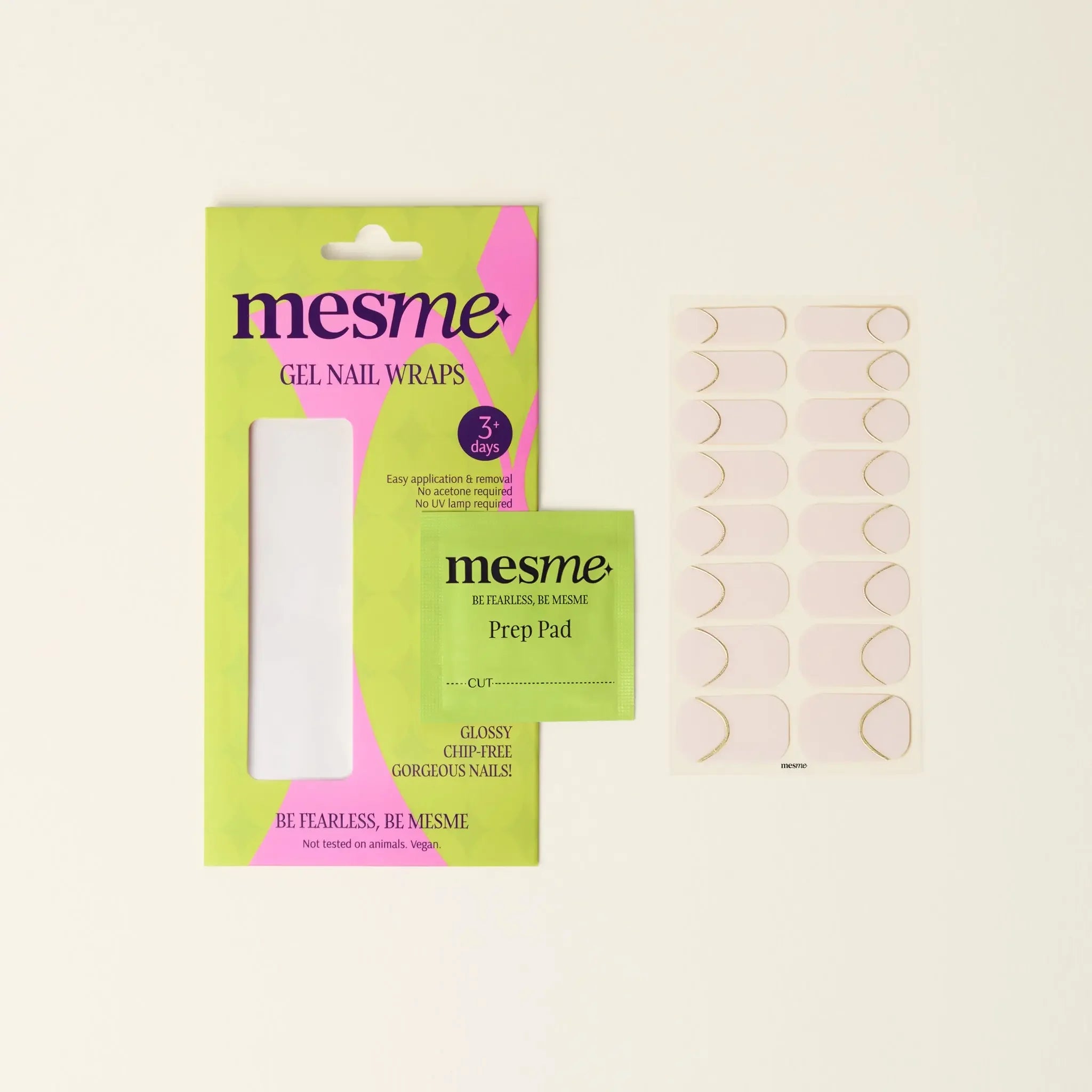mesme Charlotte Nude Gold 3+ Day UV-Free Gel Nail Wraps — Packaging