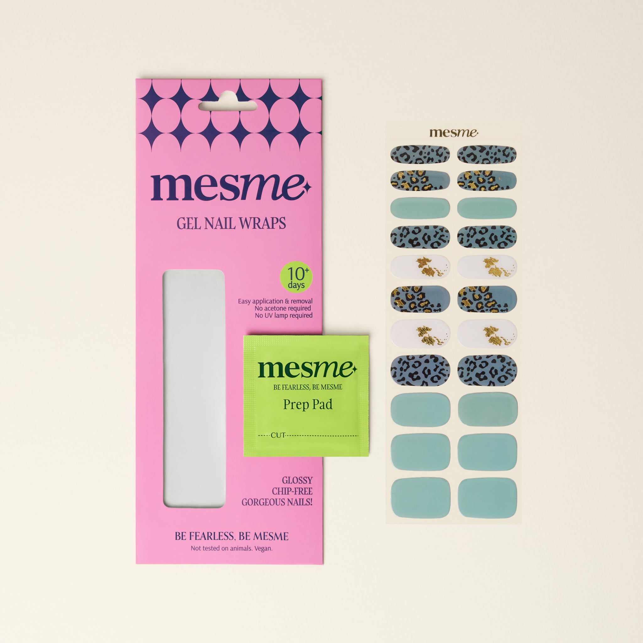 mesme Clodagh Sage Leopard 10-Day UV-Free Nail Wraps — Packaging