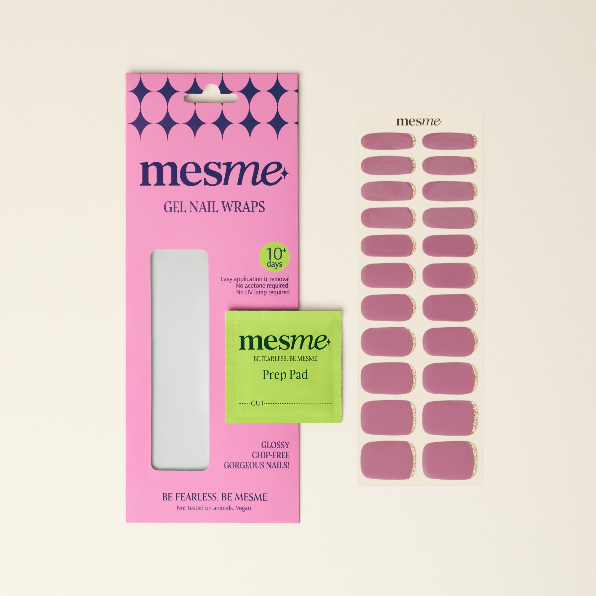 mesme Eleanora Mauve Gold Glitter 10-Day UV-Free Nail Wraps — Packaging
