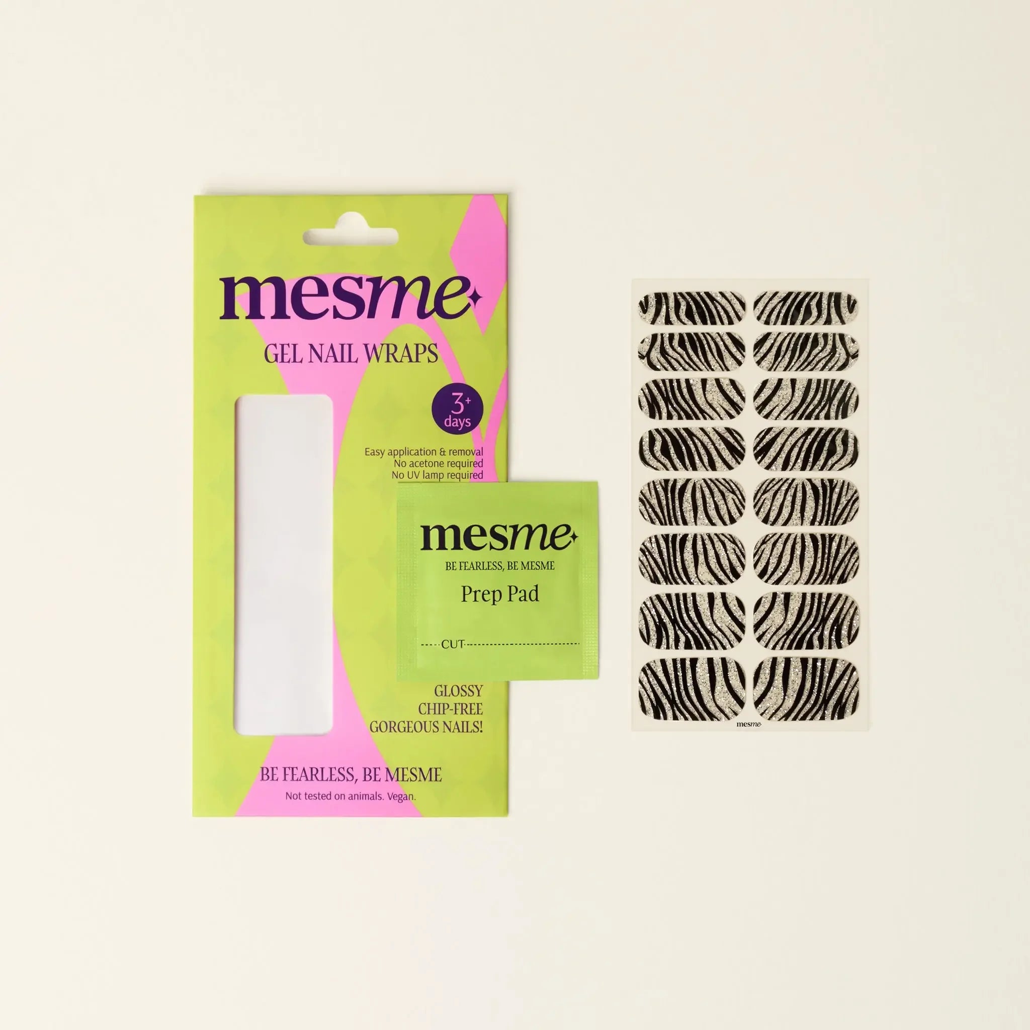 mesme Leilah Black Grey Zebra Print 3+ Day UV-Free Gel Nail Wraps — Packaging