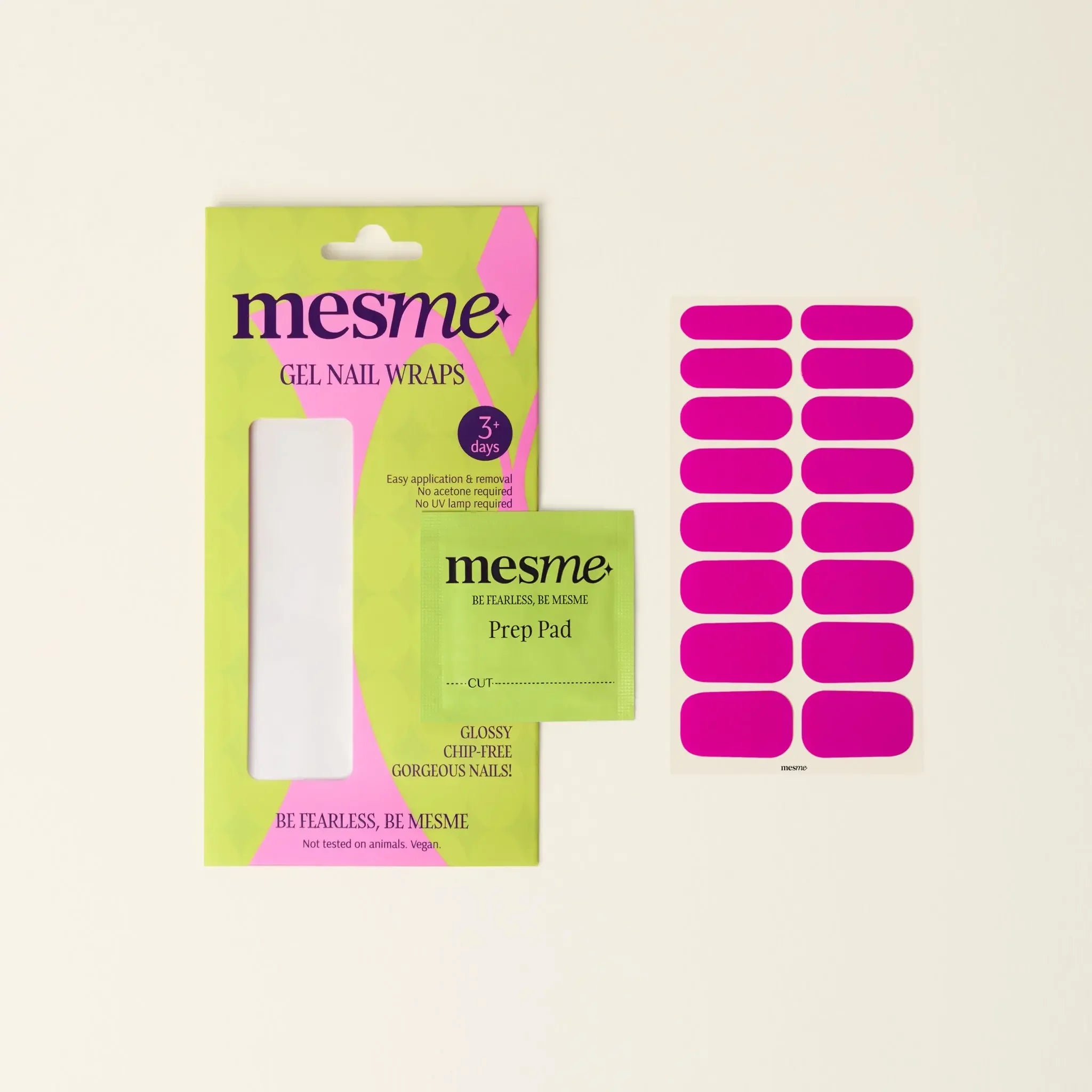 mesme Liz Neon Pink 3+ Day UV-Free Gel Nail Wraps — Packaging