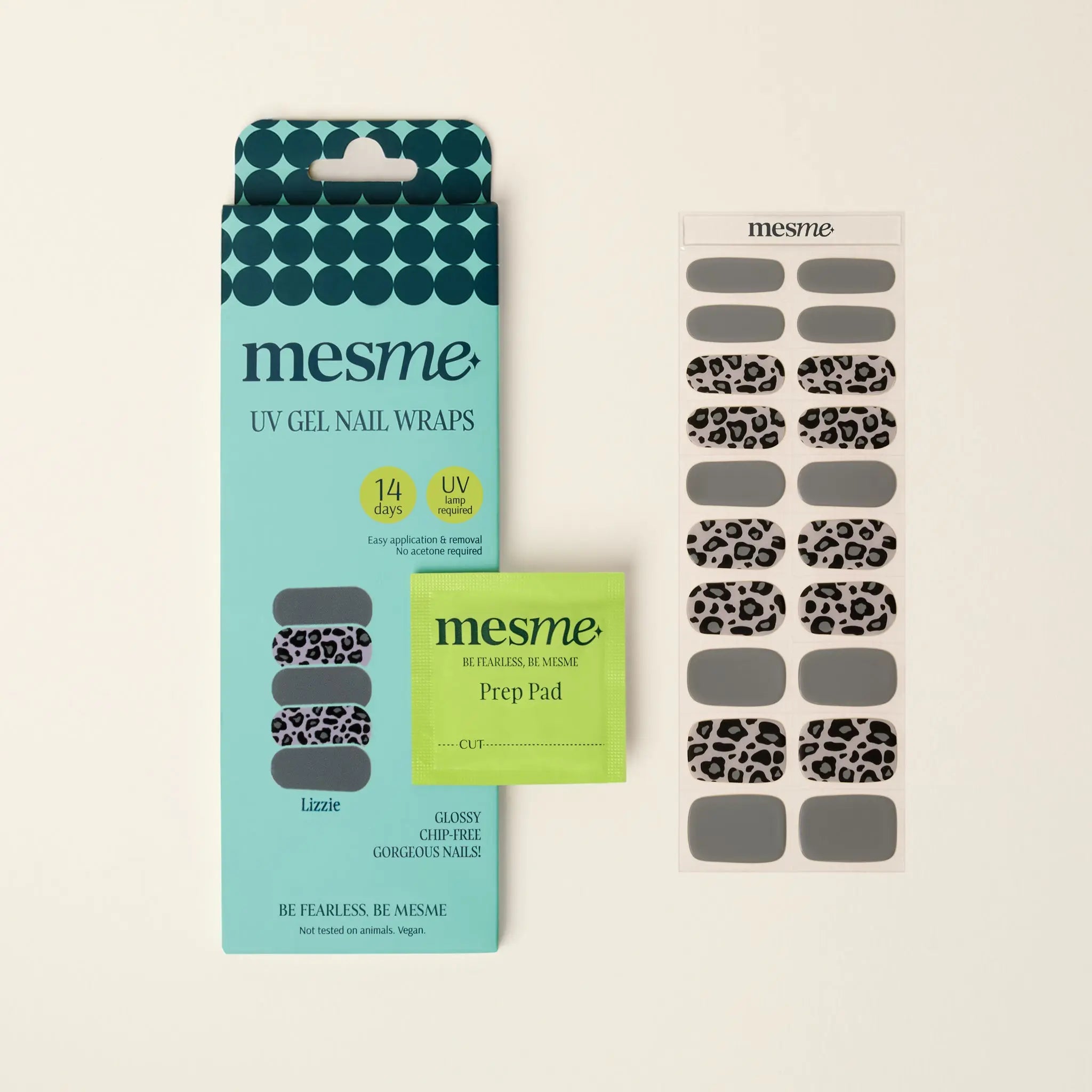 mesme Lizzie Grey Leopard Print 14-Day UV Gel Nail Wraps — Packaging