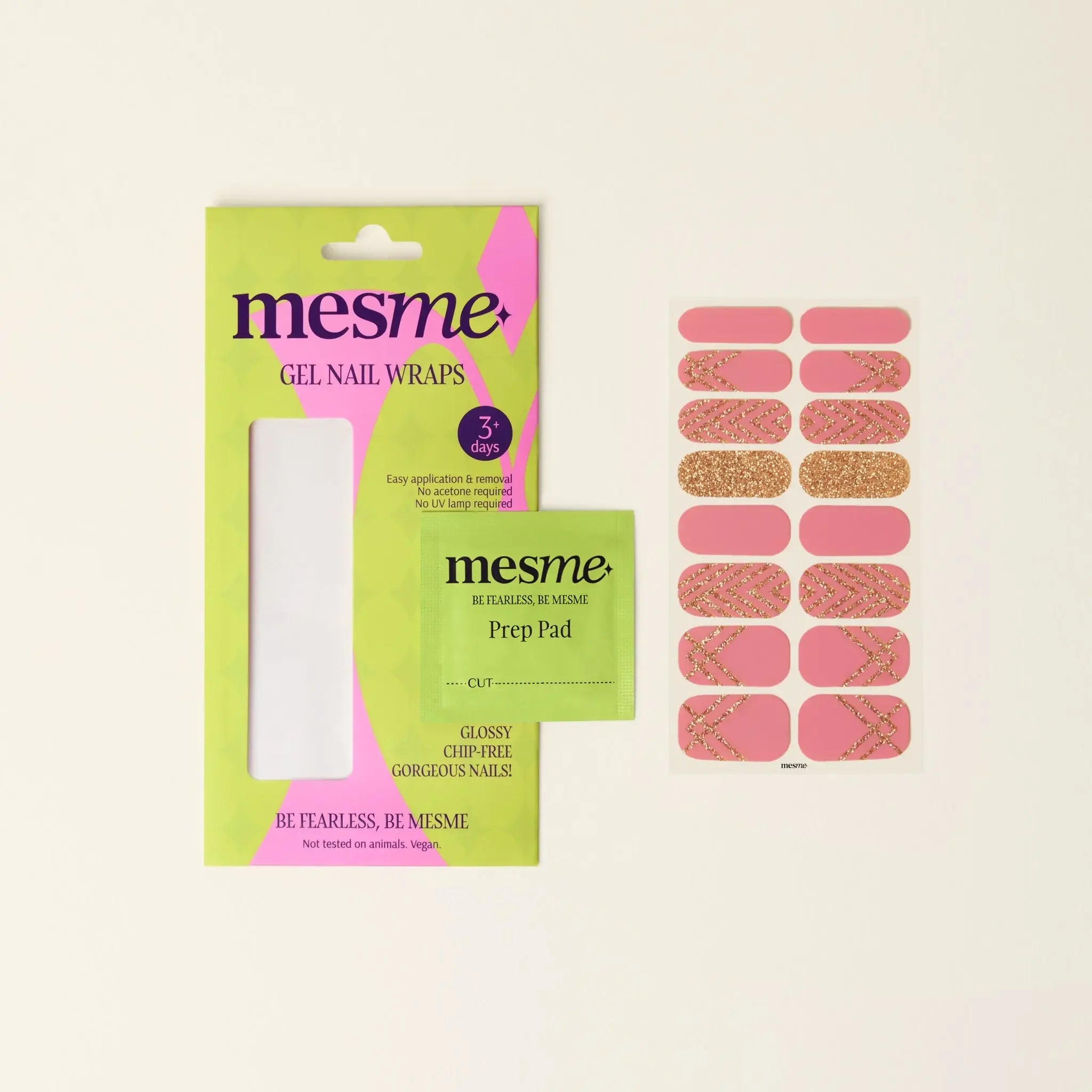 mesme Lucy Pink & Gold 3+ Day UV-Free Gel Nail Wraps — Packaging