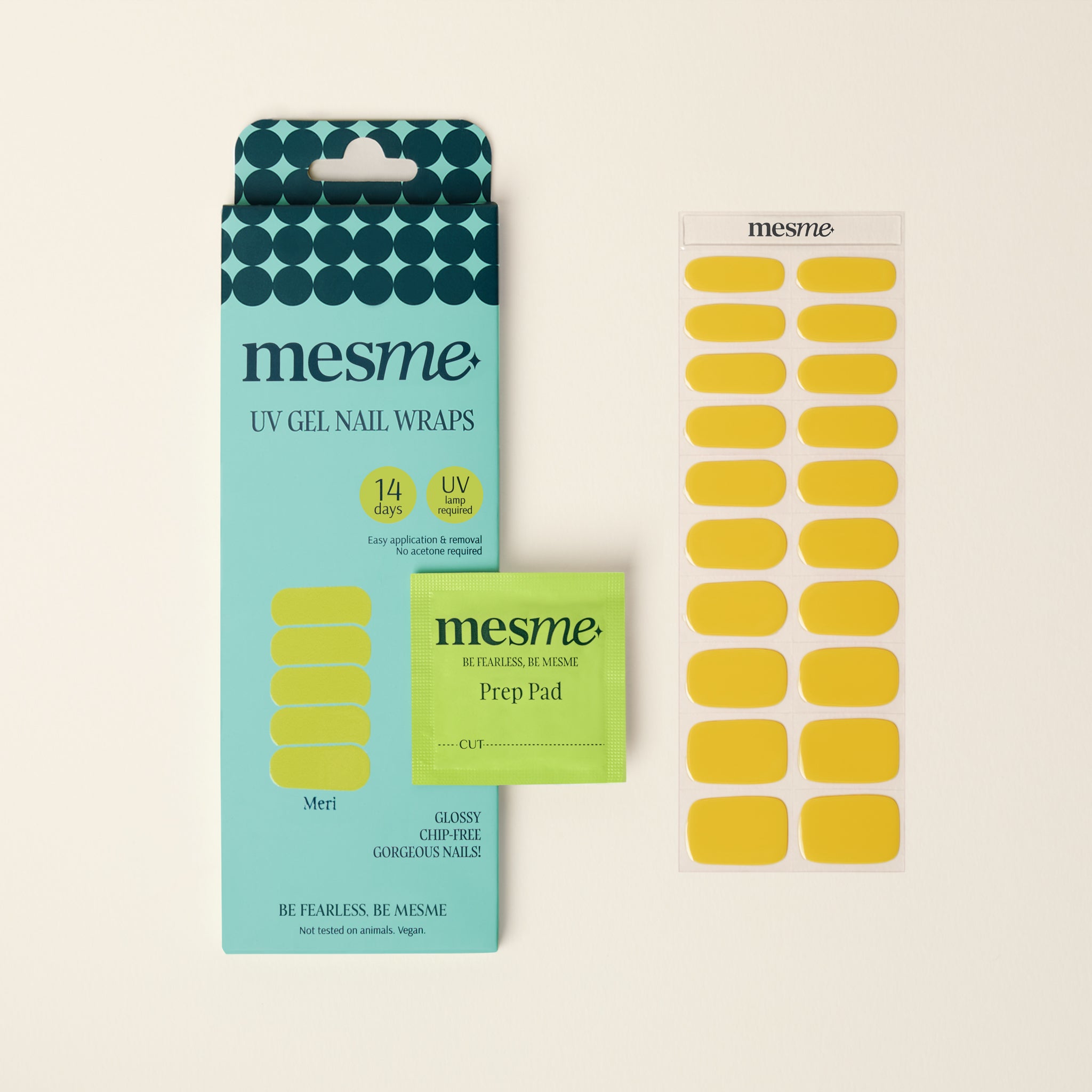 mesme Meri Mustard Yellow 14-Day UV Gel Nail Wraps — Packaging