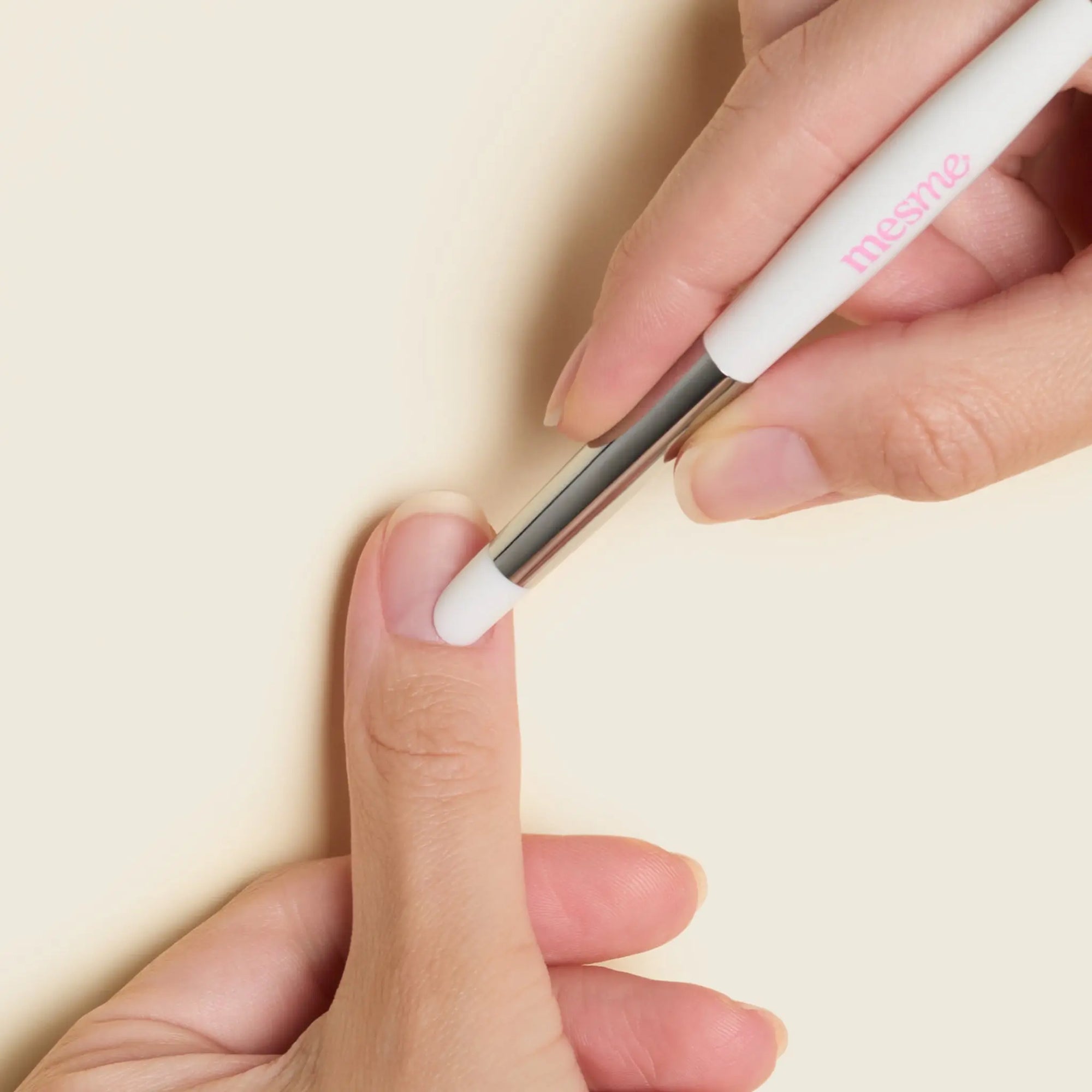 mesme Double-Sided Silicone Cuticle Pusher — for all wraps — pushing back cuticles before application (in use)