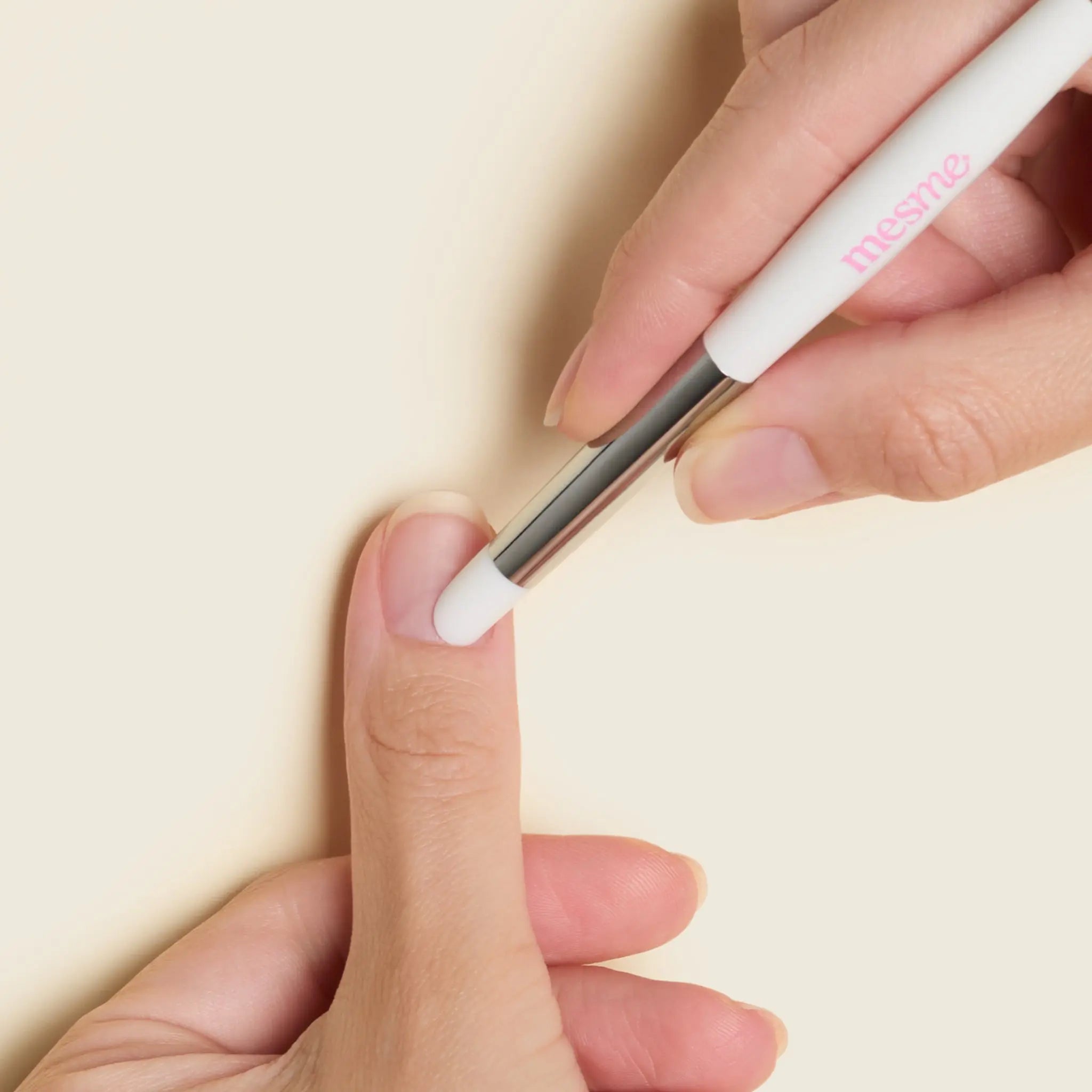 mesme Double-Sided Silicone Cuticle Pusher — for all wraps — pushing back cuticles before application (in use)