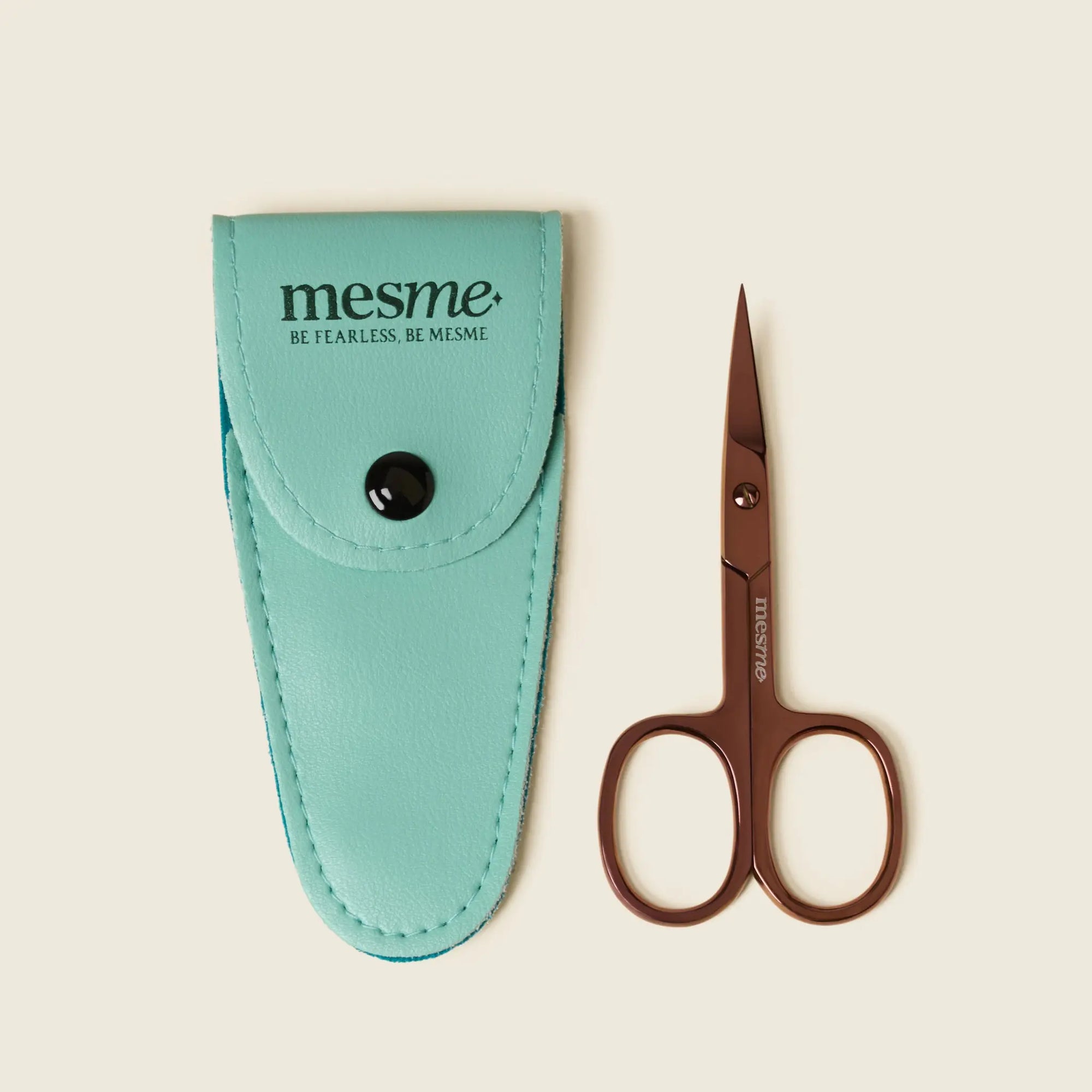 mesme Nail Scissors — nail wrap accessory — for all wraps — scissors with teal protective pouch flat lay