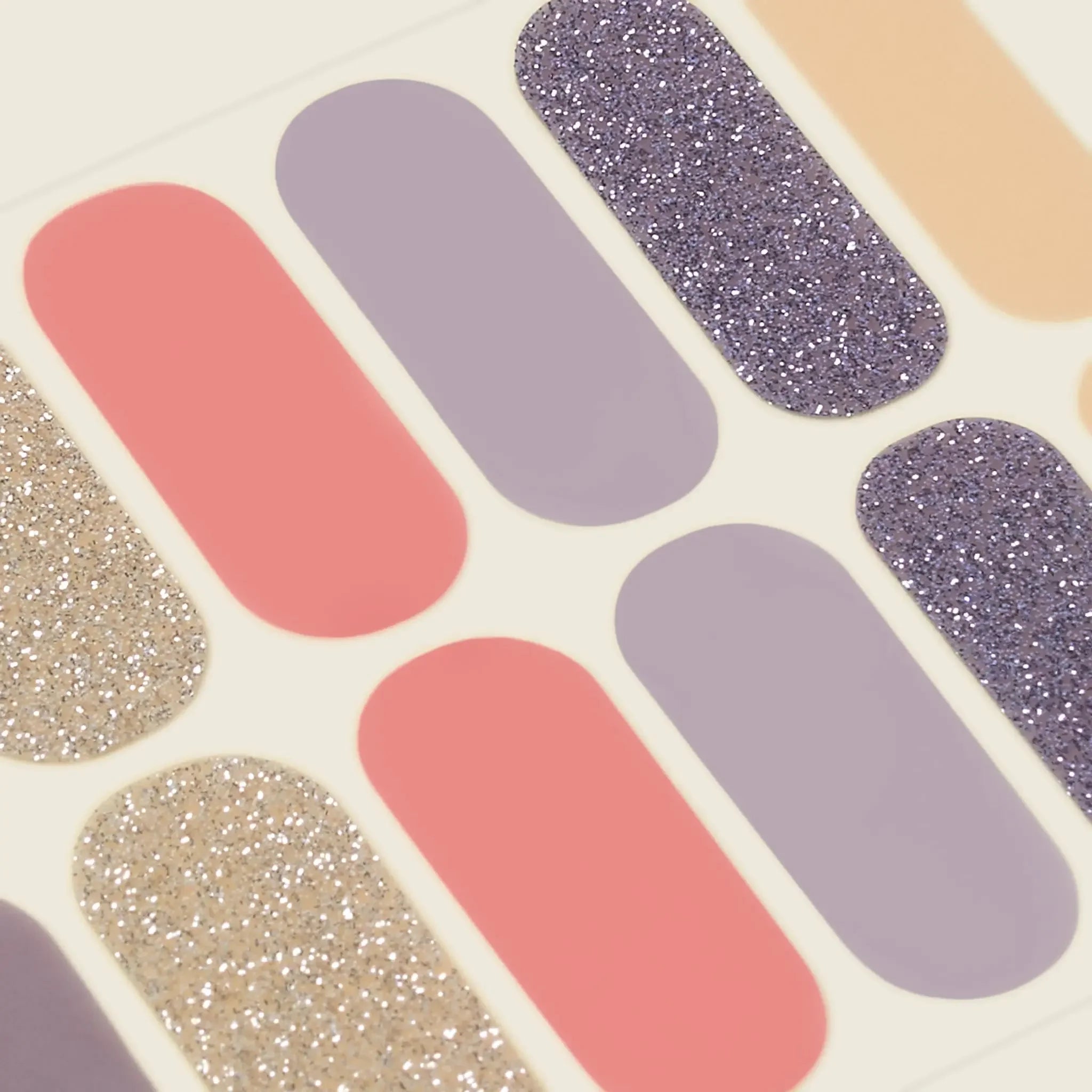 mesme Olivia Glitter Nude Mix 3+ Day UV-Free Gel Nail Wraps — Strip Sheet Close-Up