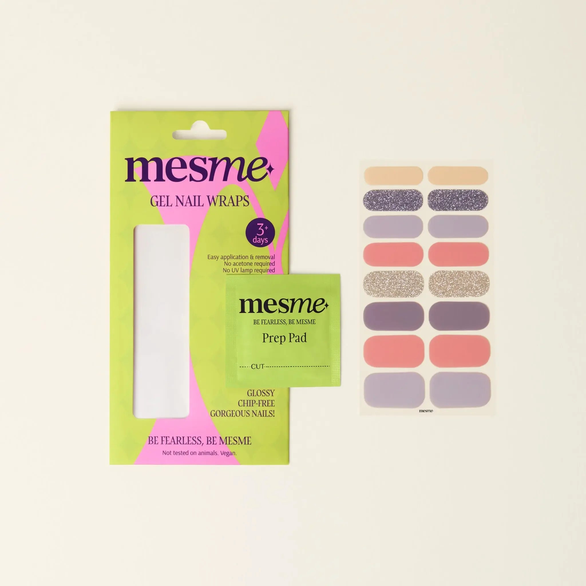 mesme Olivia Glitter Nude Mix 3+ Day UV-Free Gel Nail Wraps — Packaging