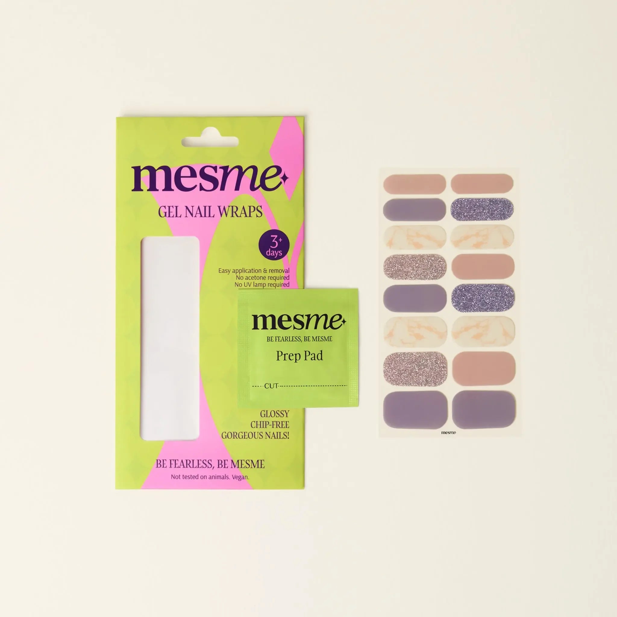 mesme Patrizia Lavender & Pink Marble Accent 3+ Day UV-Free Gel Nail Wraps — Packaging