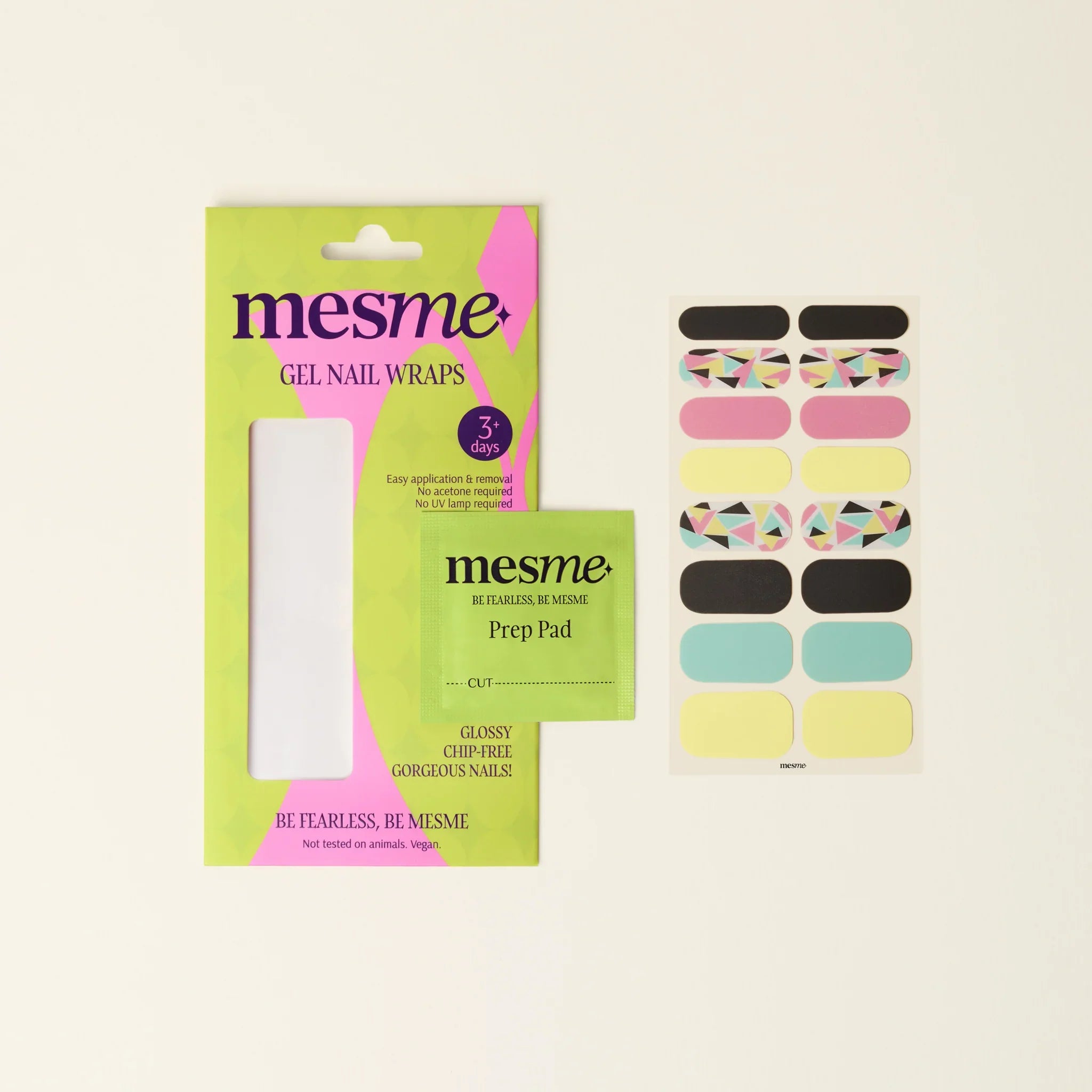 mesme Risa Black, Pastel Yellow, Sky Blue 3+ Day UV-Free Gel Nail Wraps — Packaging