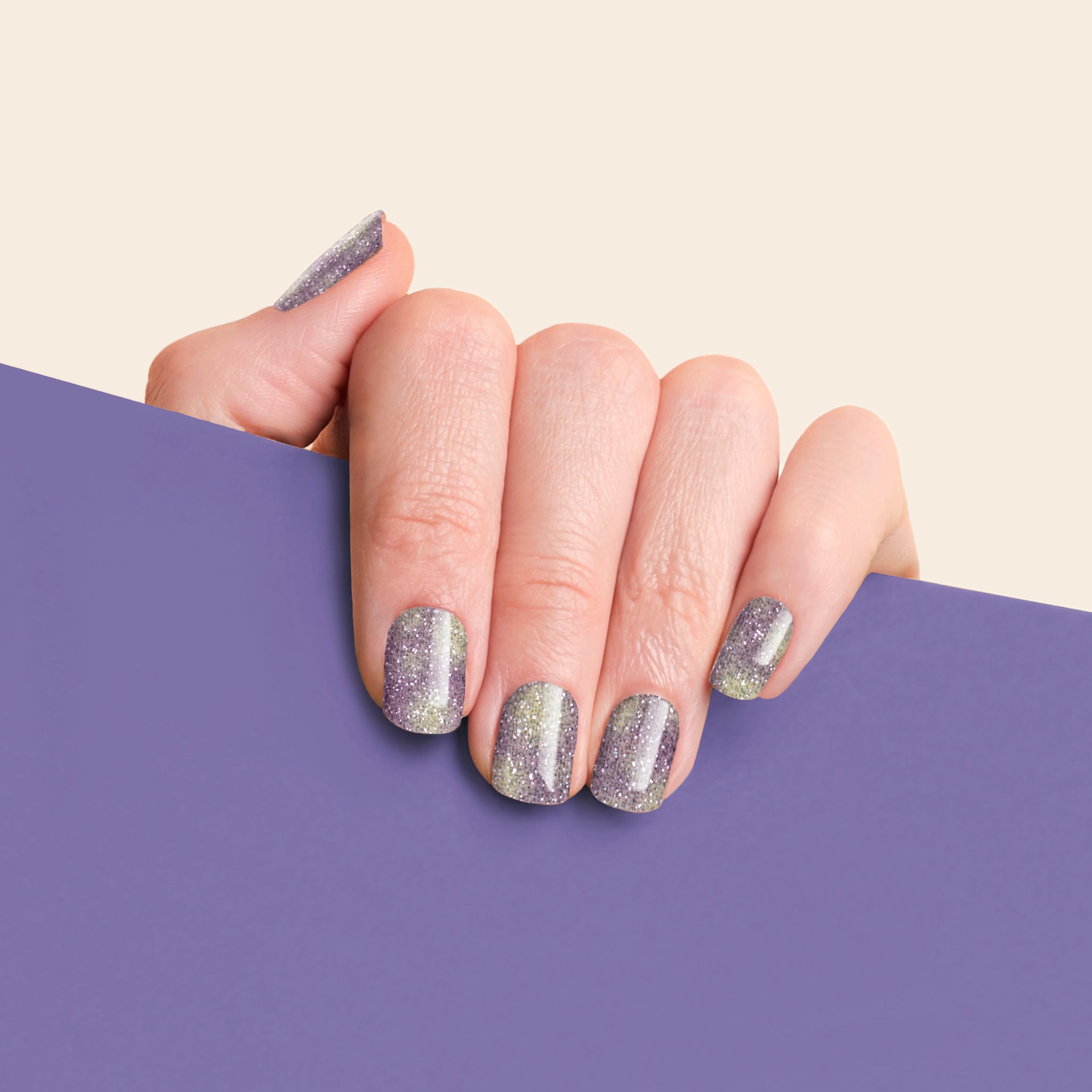 mesme Suzanne Purple Gold Glitter 10-Day UV-Free Nail Wraps On Hand