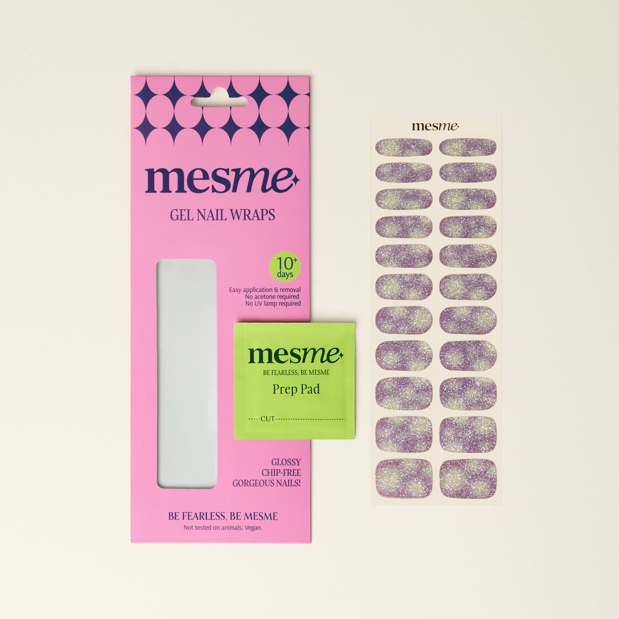 mesme Suzanne Purple Gold Glitter 10-Day UV-Free Nail Wraps — Packaging