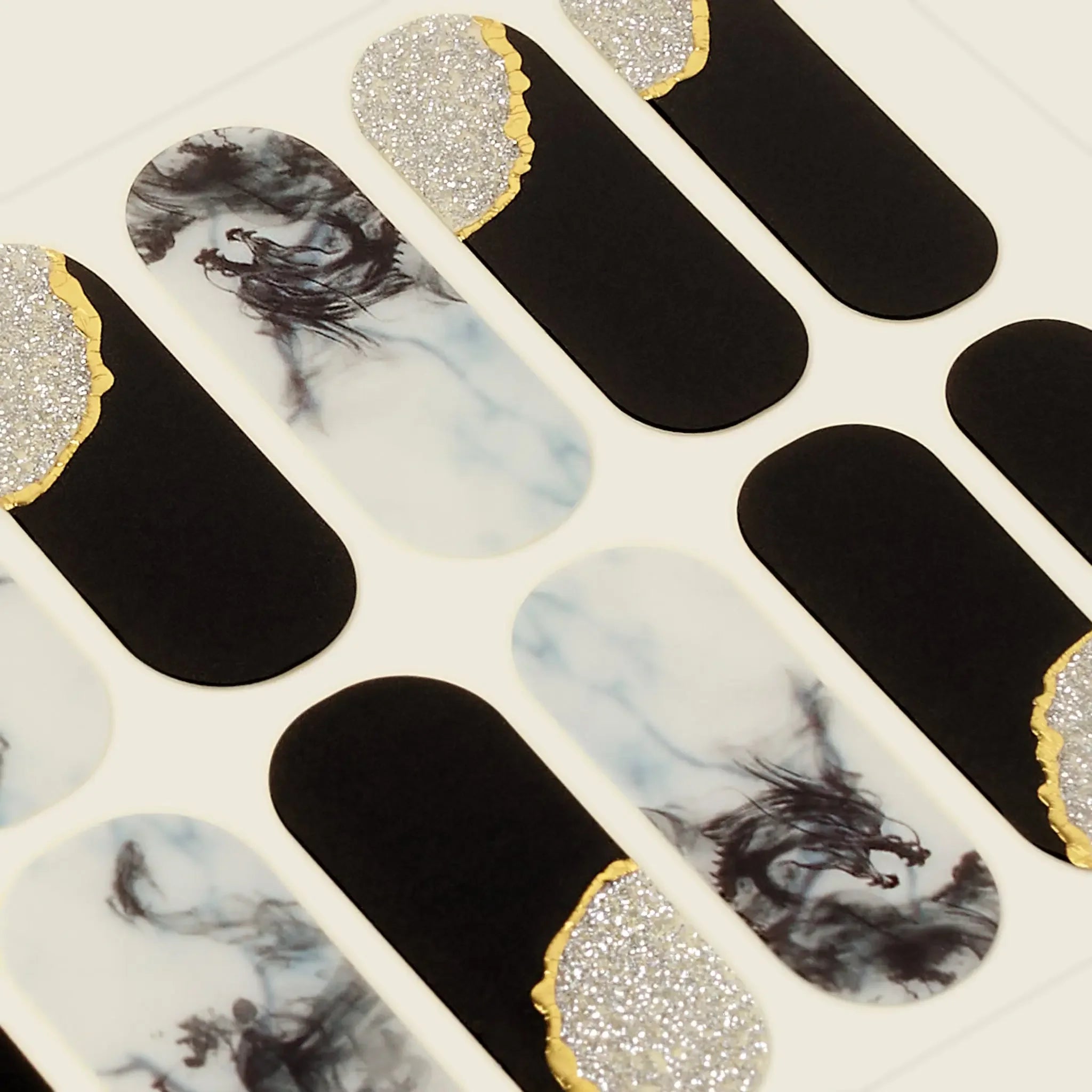 mesme Valeria Black Silver 3+ Day UV-Free Gel Nail Wraps — Strip Sheet Close-Up