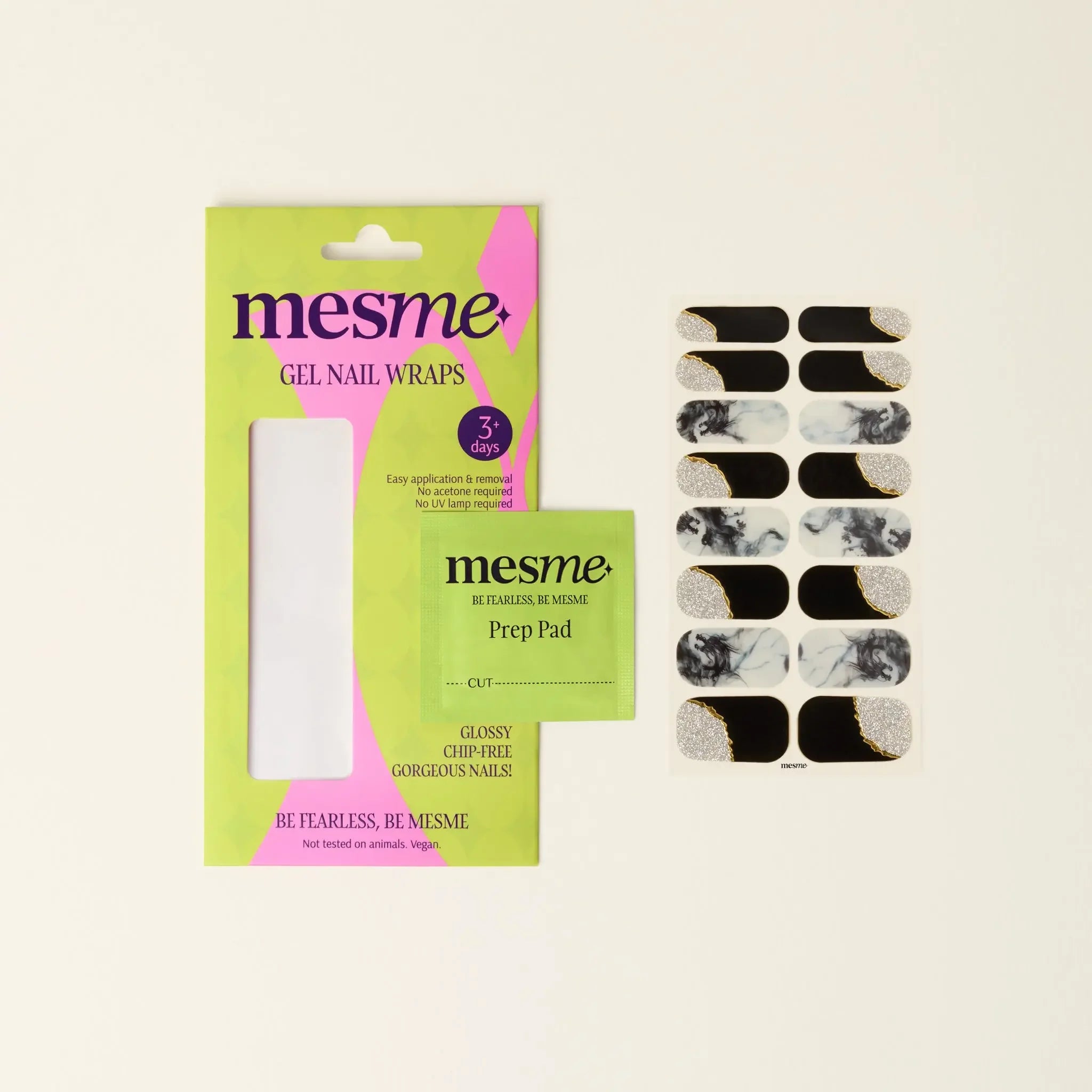 mesme Valeria Black Silver 3+ Day UV-Free Gel Nail Wraps — Packaging